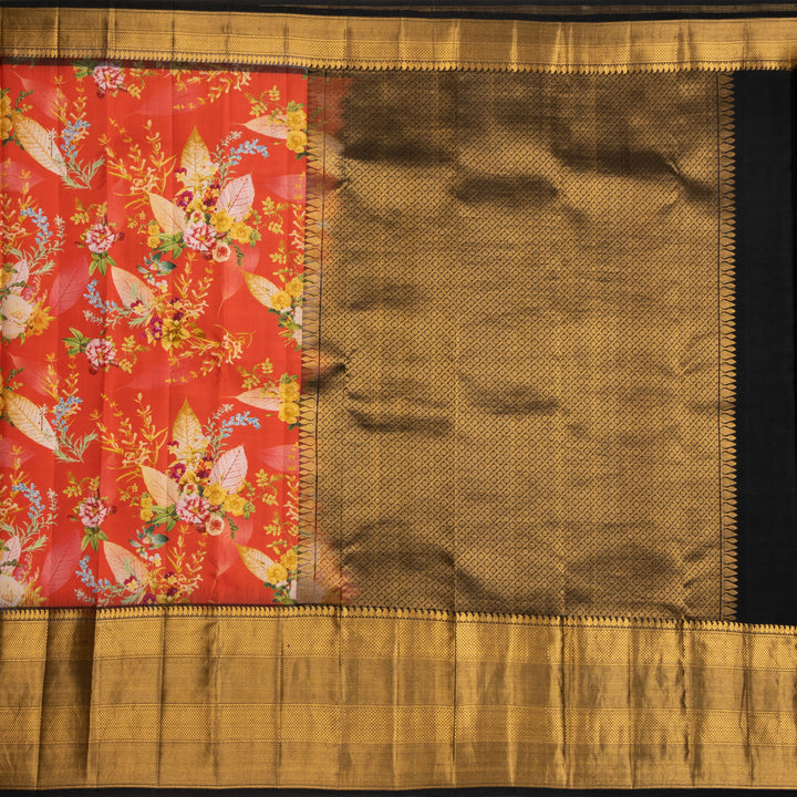 Kuberan Orange Kalamkari Prints Kanchipuram Silk Sare