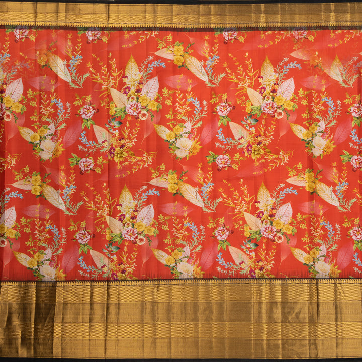 Kuberan Orange Kalamkari Prints Kanchipuram Silk Sare