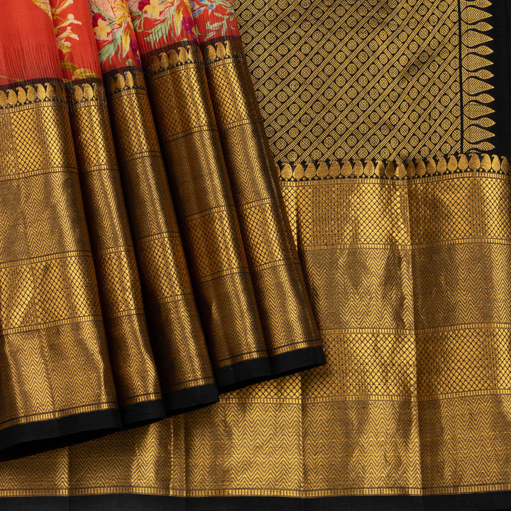 Kuberan Orange Kalamkari Prints Kanchipuram Silk Sare