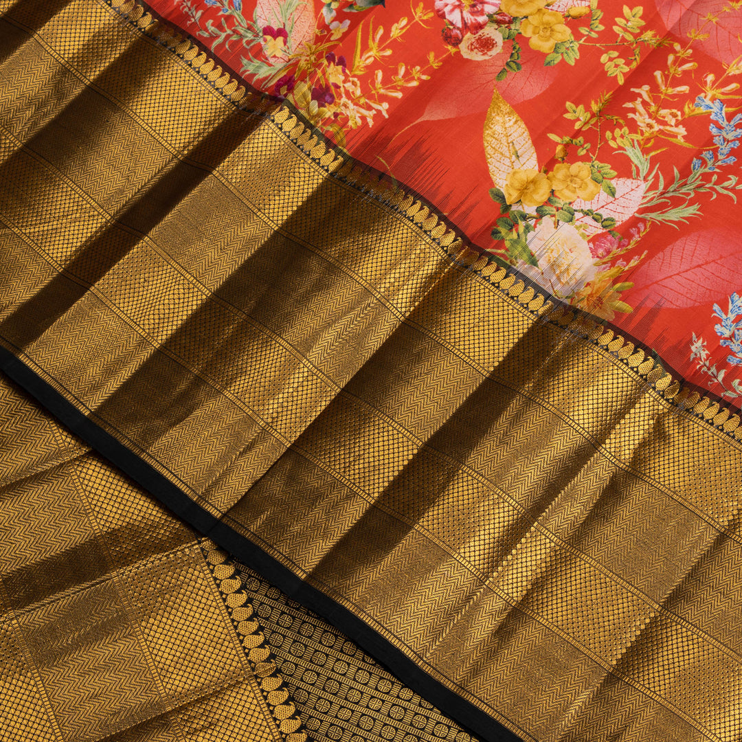 Kuberan Orange Kalamkari Prints Kanchipuram Silk Sare