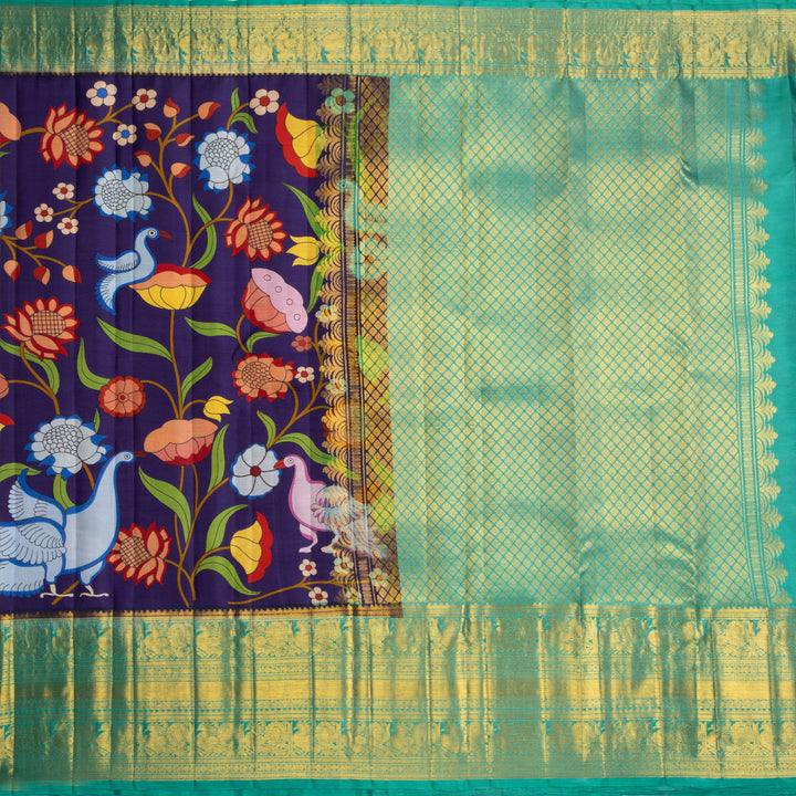 Kuberan Blue Kalamkari Prints Kanchipuram Silk Sare