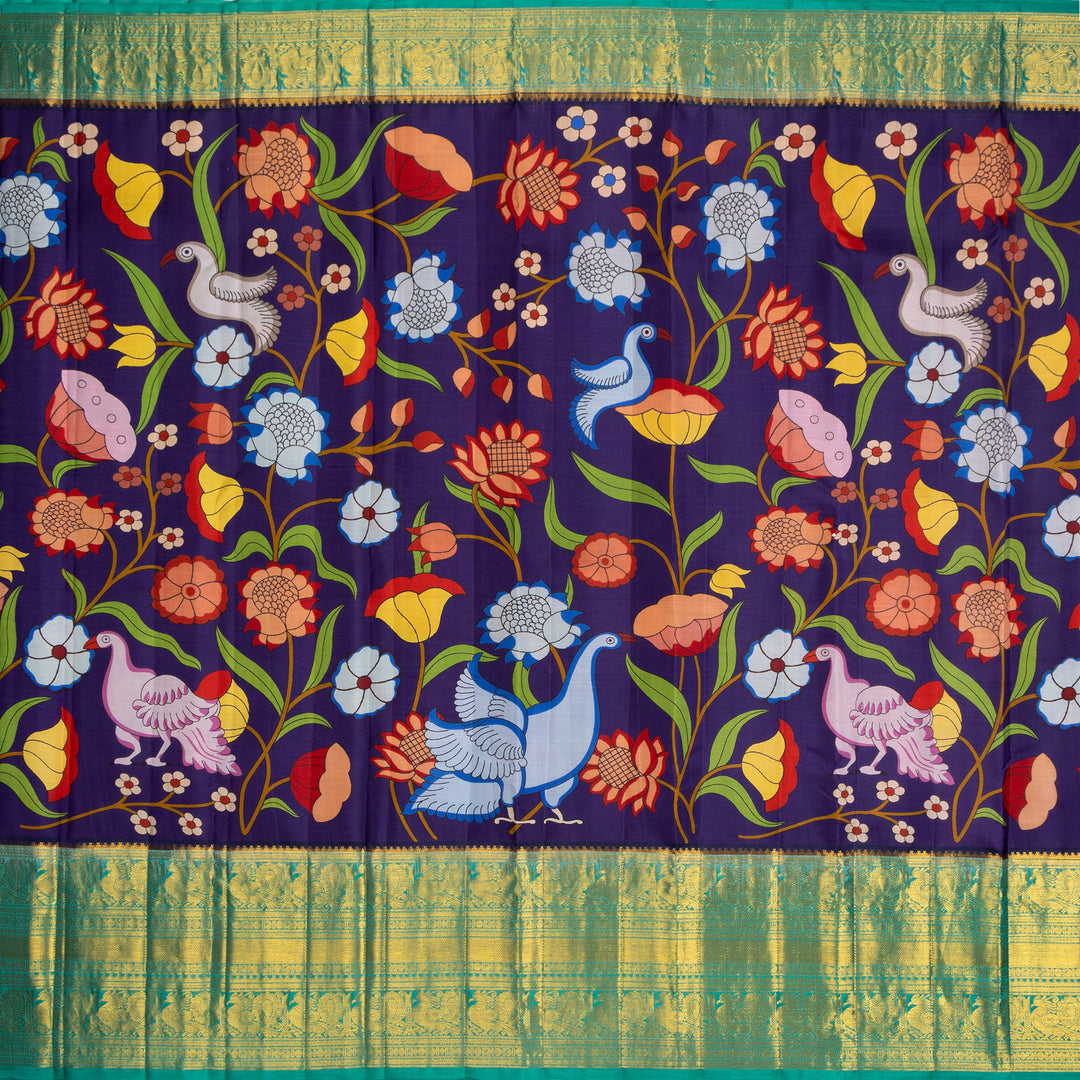 Kuberan Blue Kalamkari Prints Kanchipuram Silk Sare