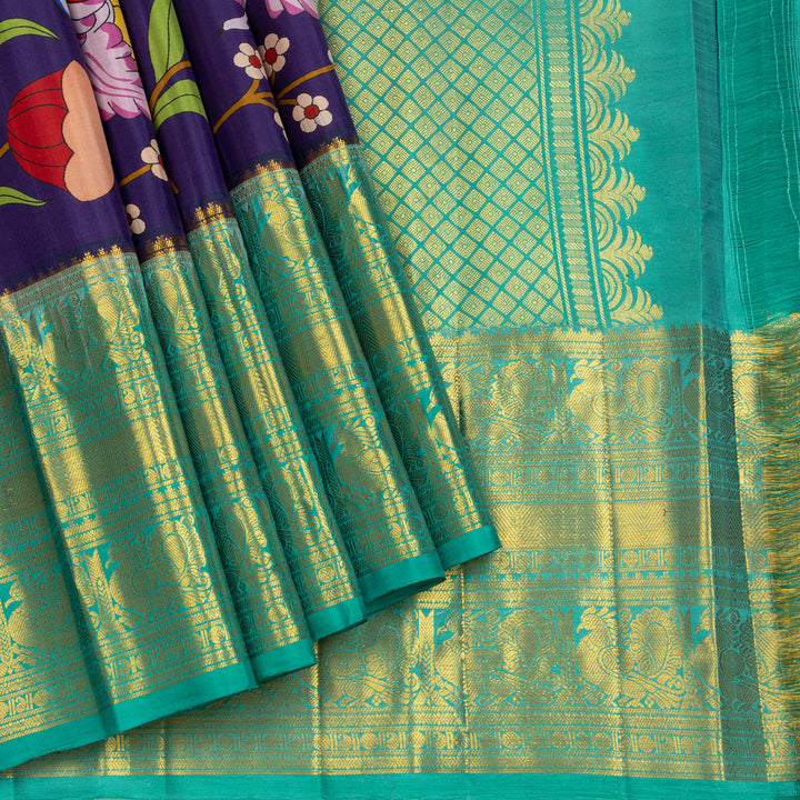 Kuberan Blue Kalamkari Prints Kanchipuram Silk Sare