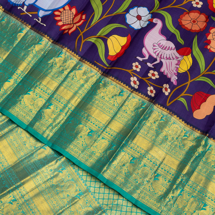 Kuberan Blue Kalamkari Prints Kanchipuram Silk Sare