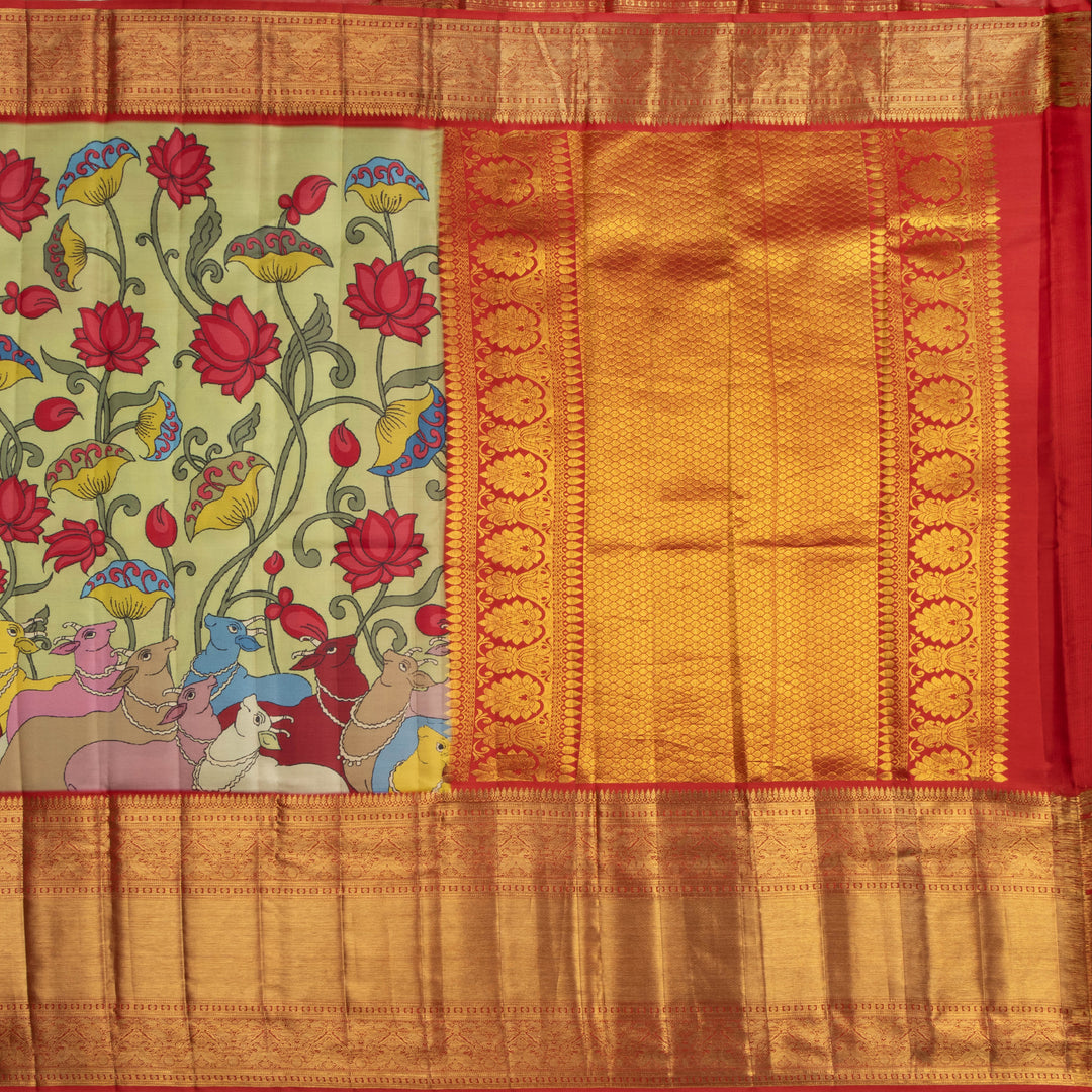 Kuberan Green  Blue Kalamkari Prints Kanchipuram Silk Saree