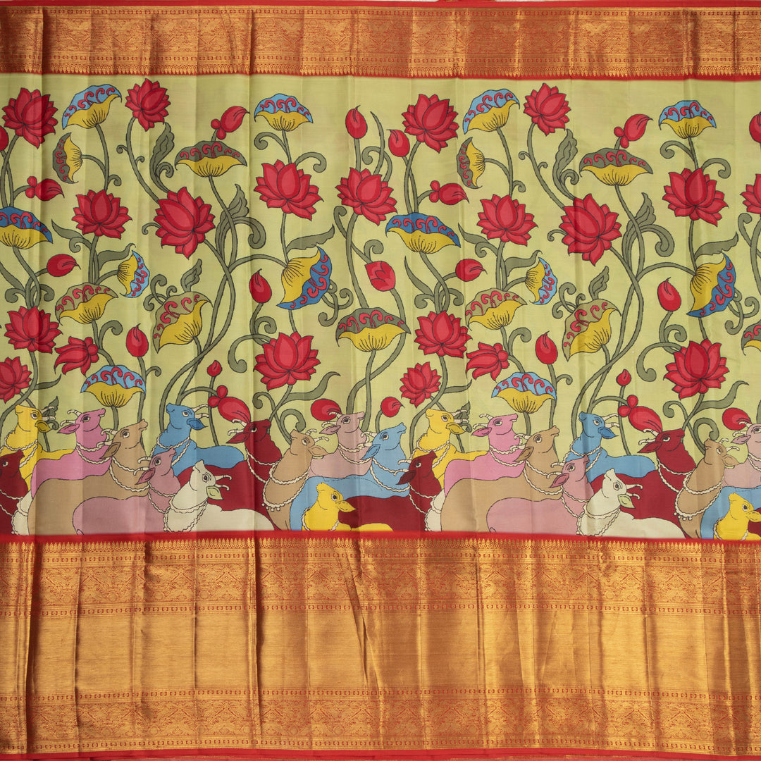 Kuberan Green  Blue Kalamkari Prints Kanchipuram Silk Saree