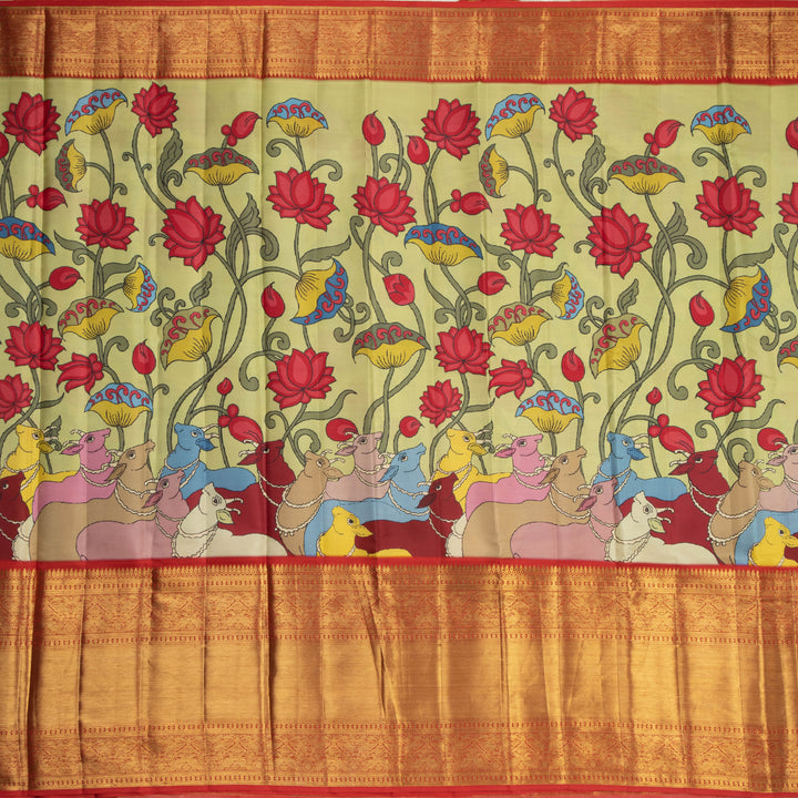 Kuberan Green  Blue Kalamkari Prints Kanchipuram Silk Saree