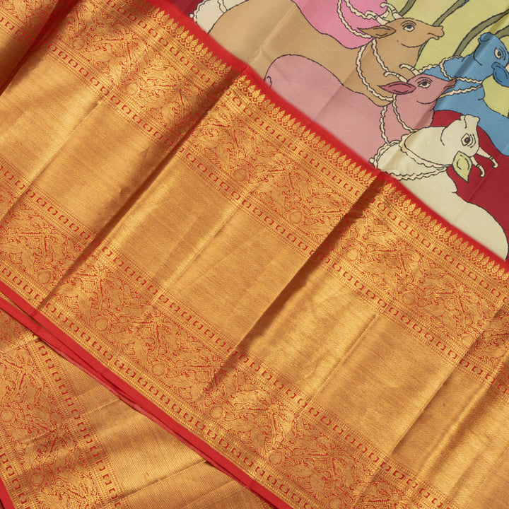 Kuberan Green Kalamkari Prints Kanchipuram Silk Saree
