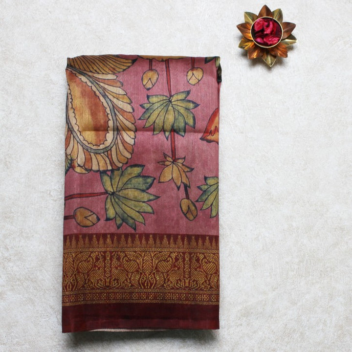 Kuberan Onion Pink Raw Silk Printed Saree