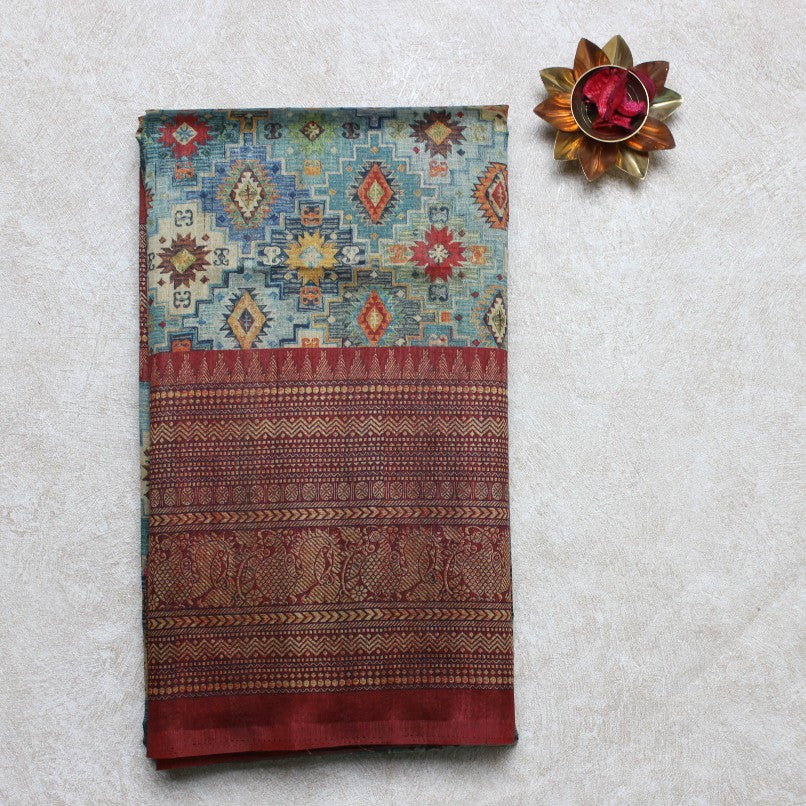 Baby Blue Raw Silk Printed Saree