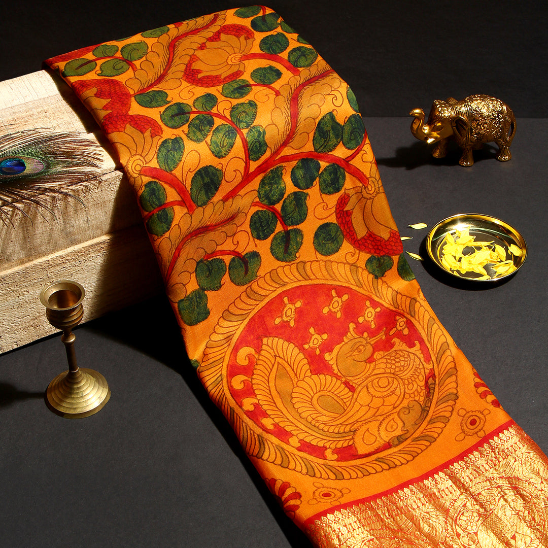 Mustard Kalamkari Prints Kanchipuram Silk Saree