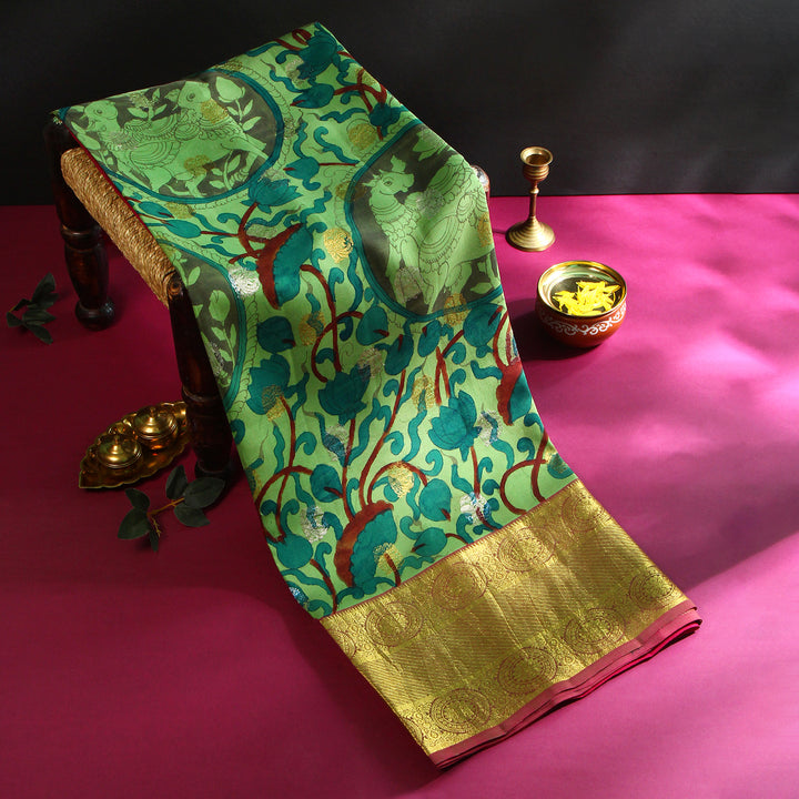 Kuberan Light Green Kalamkari Kanchipuram Silk Saree