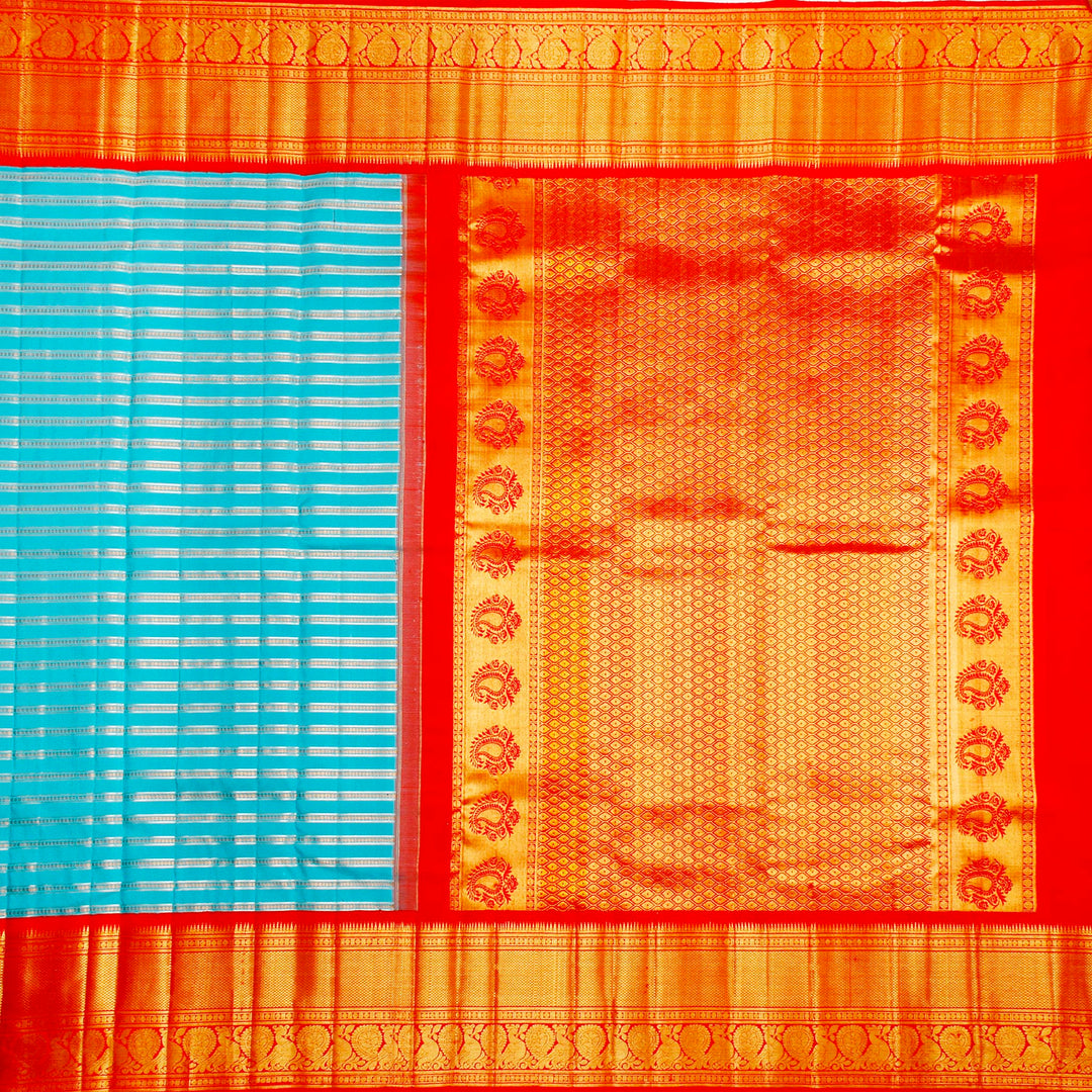 Kuberan Sky Blue Red Kanchivaram Silk Saree