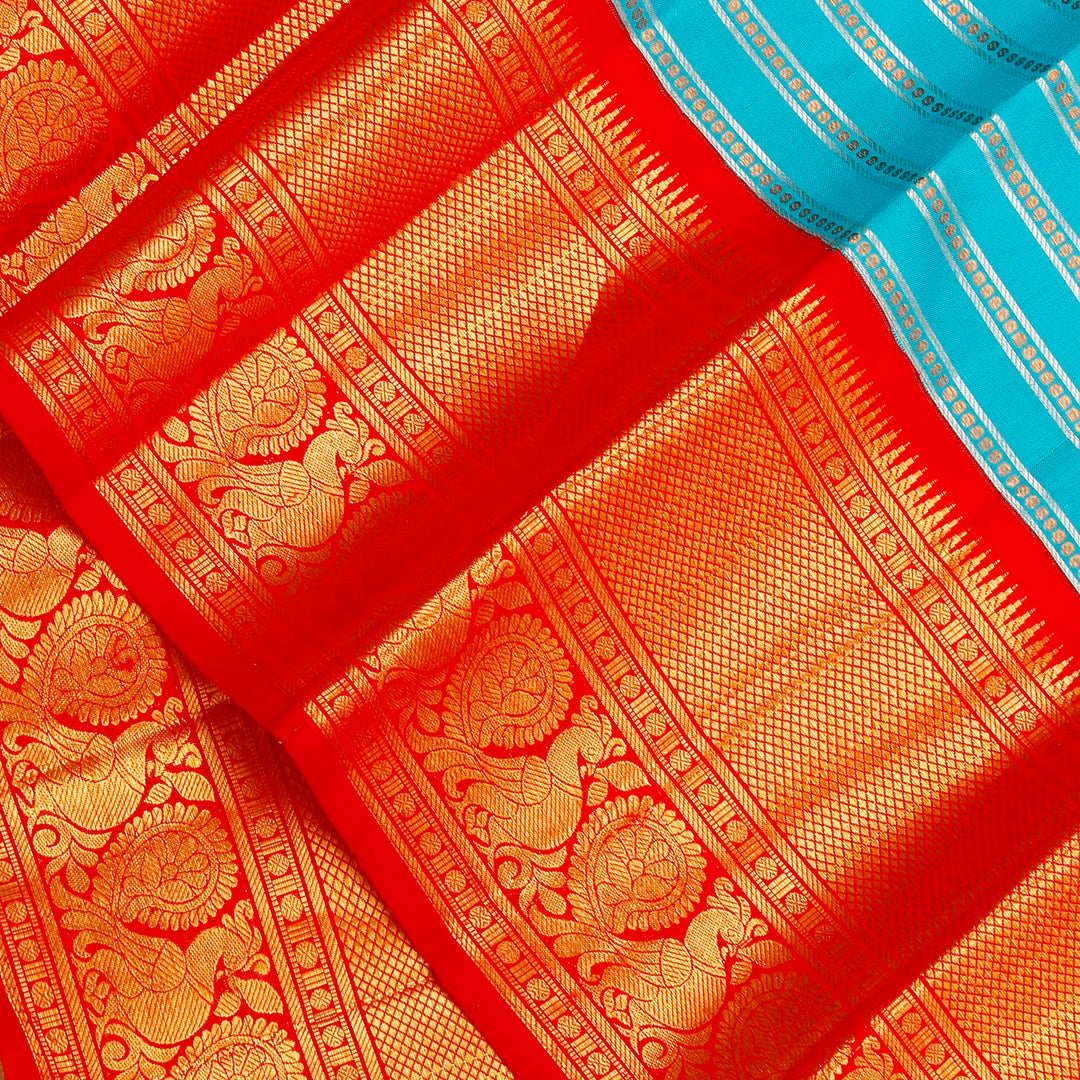 Kuberan Sky Blue Red Kanchivaram Silk Saree