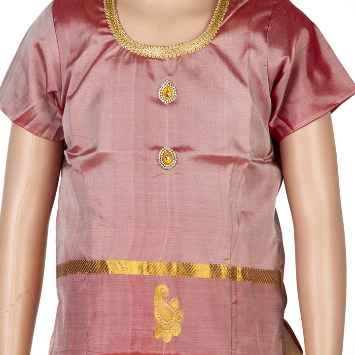 Kuberan White Peach Art Silk Readymade Pavada