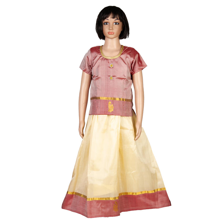 Kuberan White Peach Art Silk Readymade Pavada