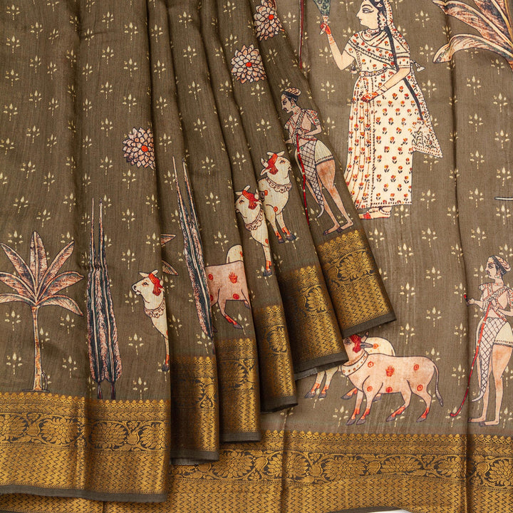 Kuberan Elephant Grey Tussar Pure Silk Saree