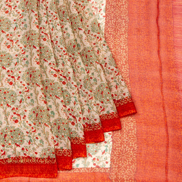 Kuberan Cream Orange Pure Chiffon Silk Saree