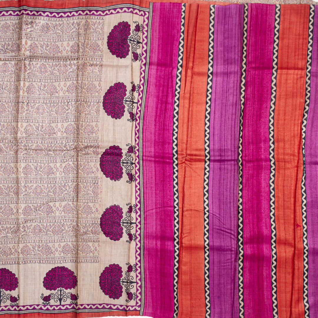 Kuberan Off White Tussar Pure Silk Saree