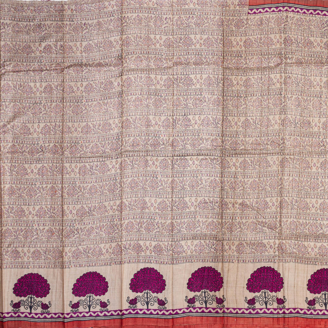 Kuberan Off White Tussar Pure Silk Saree