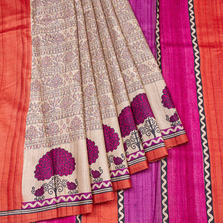 Kuberan Off White Tussar Pure Silk Saree