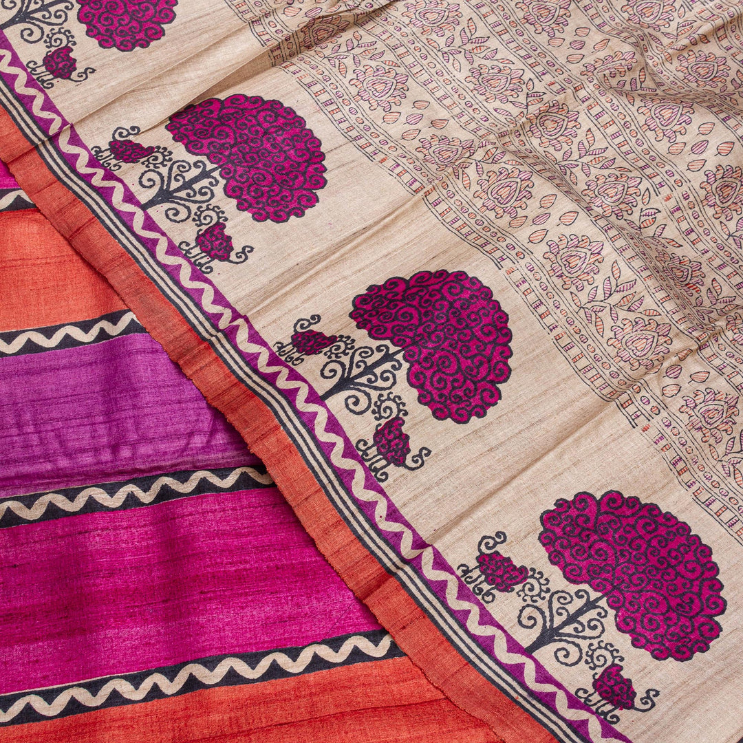 Kuberan Off White Tussar Pure Silk Saree