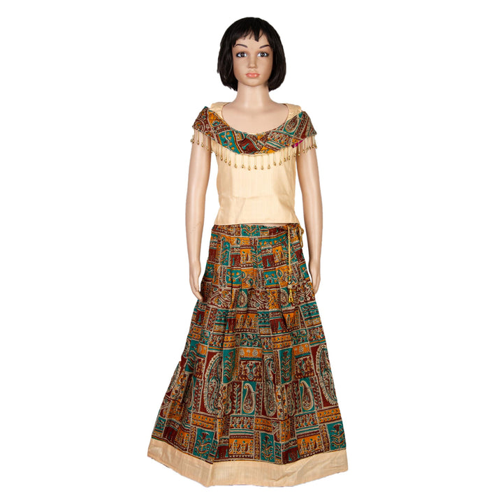 Kuberan Brown Cream Art Silk Readymade Pavada