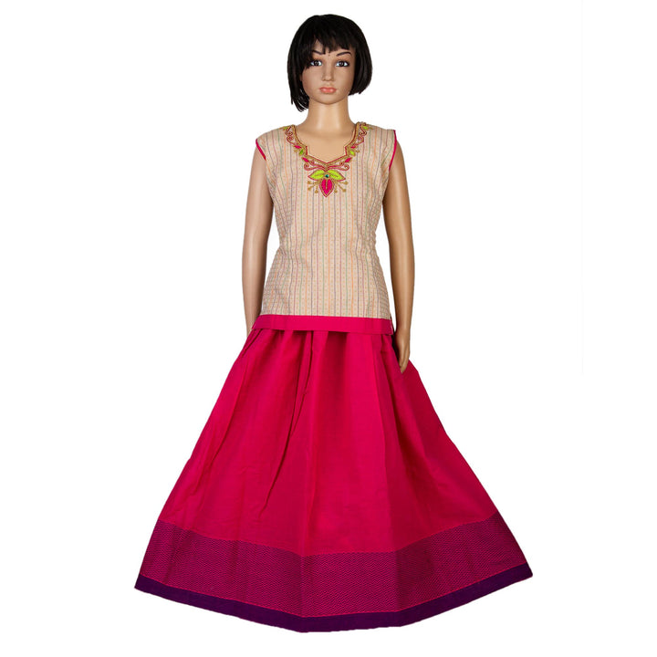 Kuberan Pink Cream Cotton Readymade Pavada