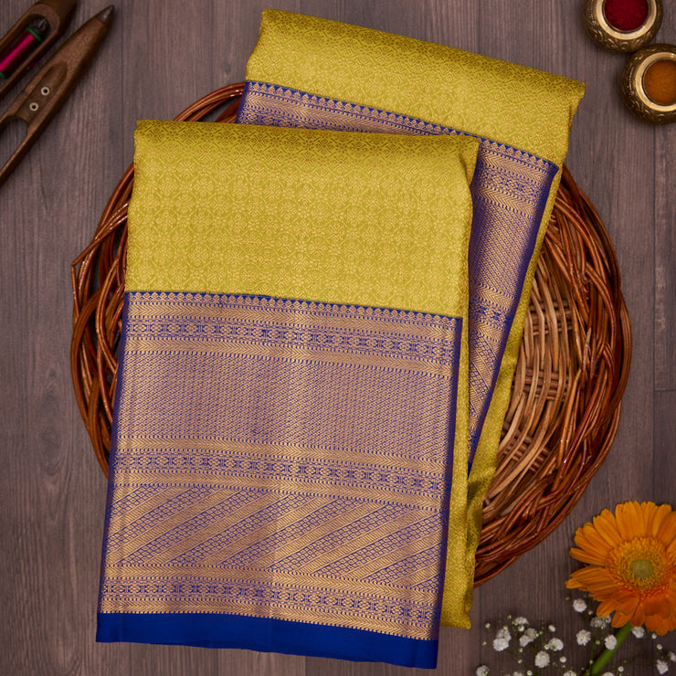 Yellow with Royal Blue Border Kanchivaram Silk Saree