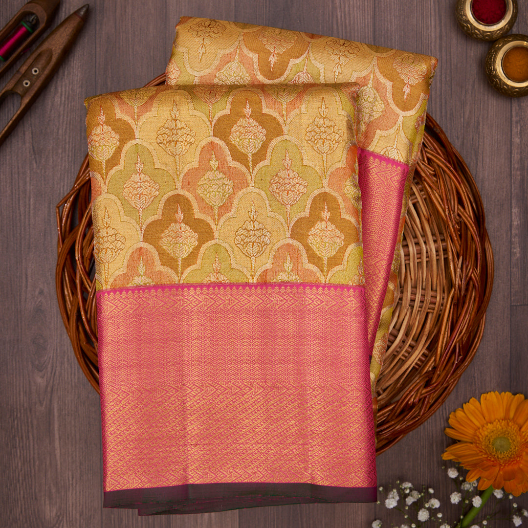 Gold with Pink Border Kanchivaram Silk Saree 