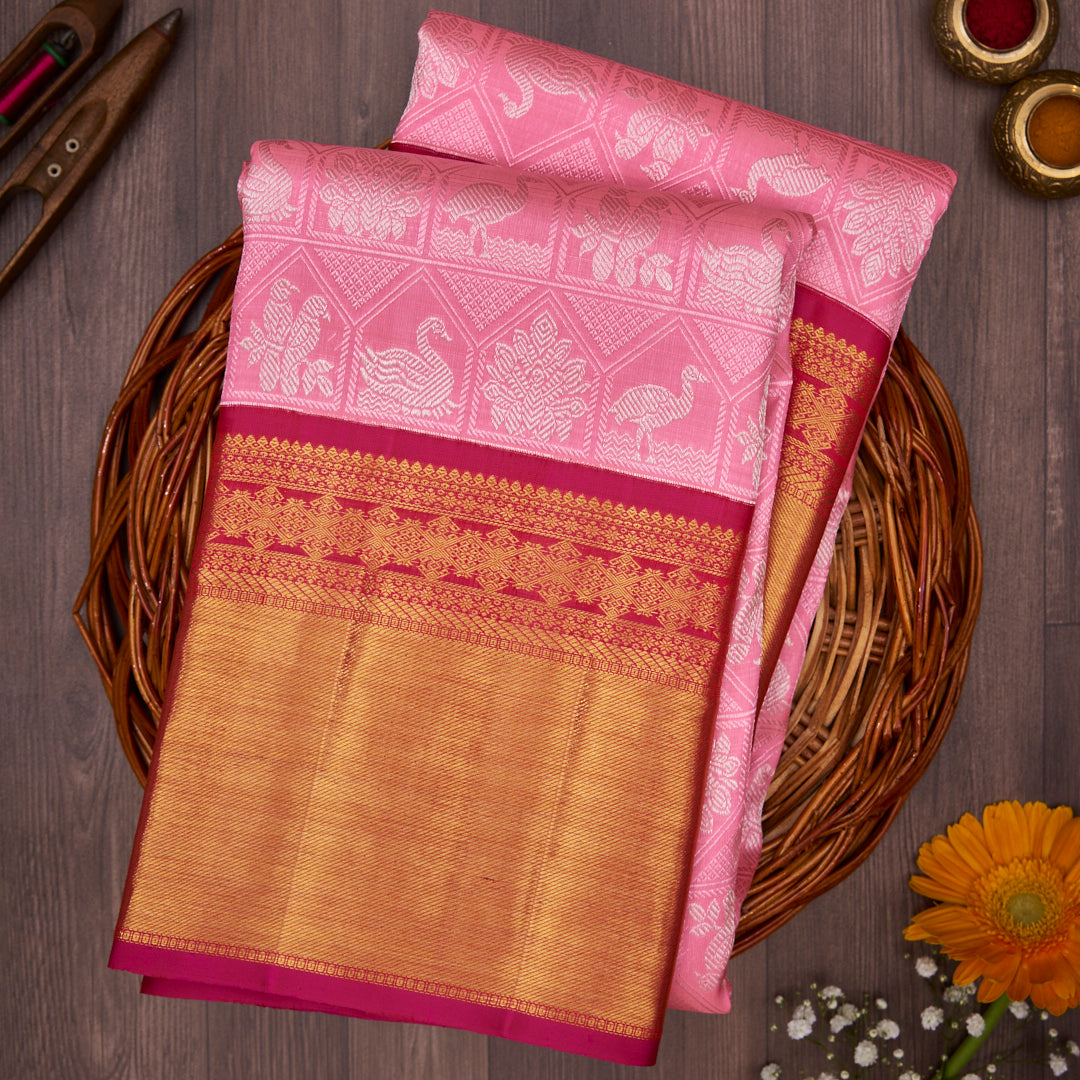 Baby Pink with Dark Pink Border Kanchivaram Silk Saree 