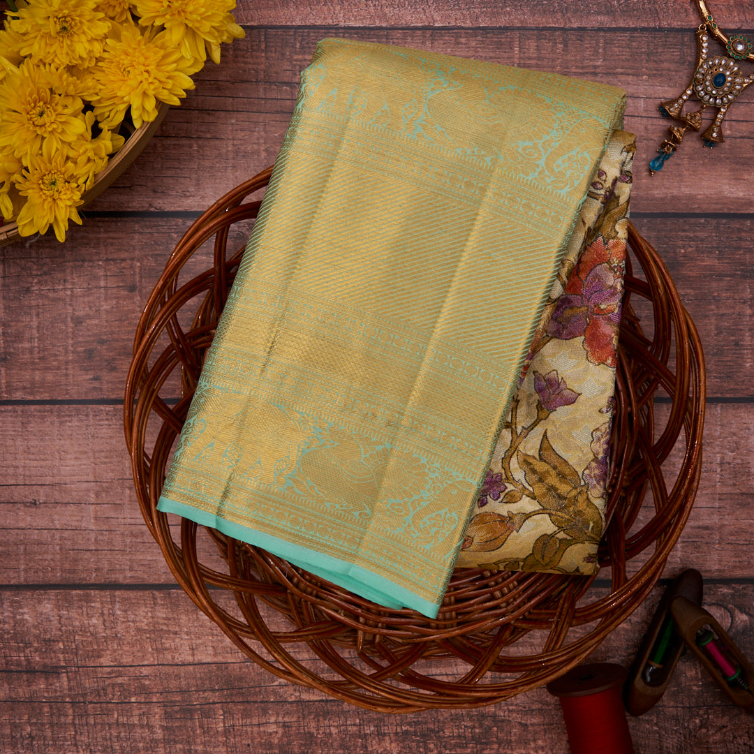 Silver with Light Blue Border Tissue Kanchivaram Silk Saree