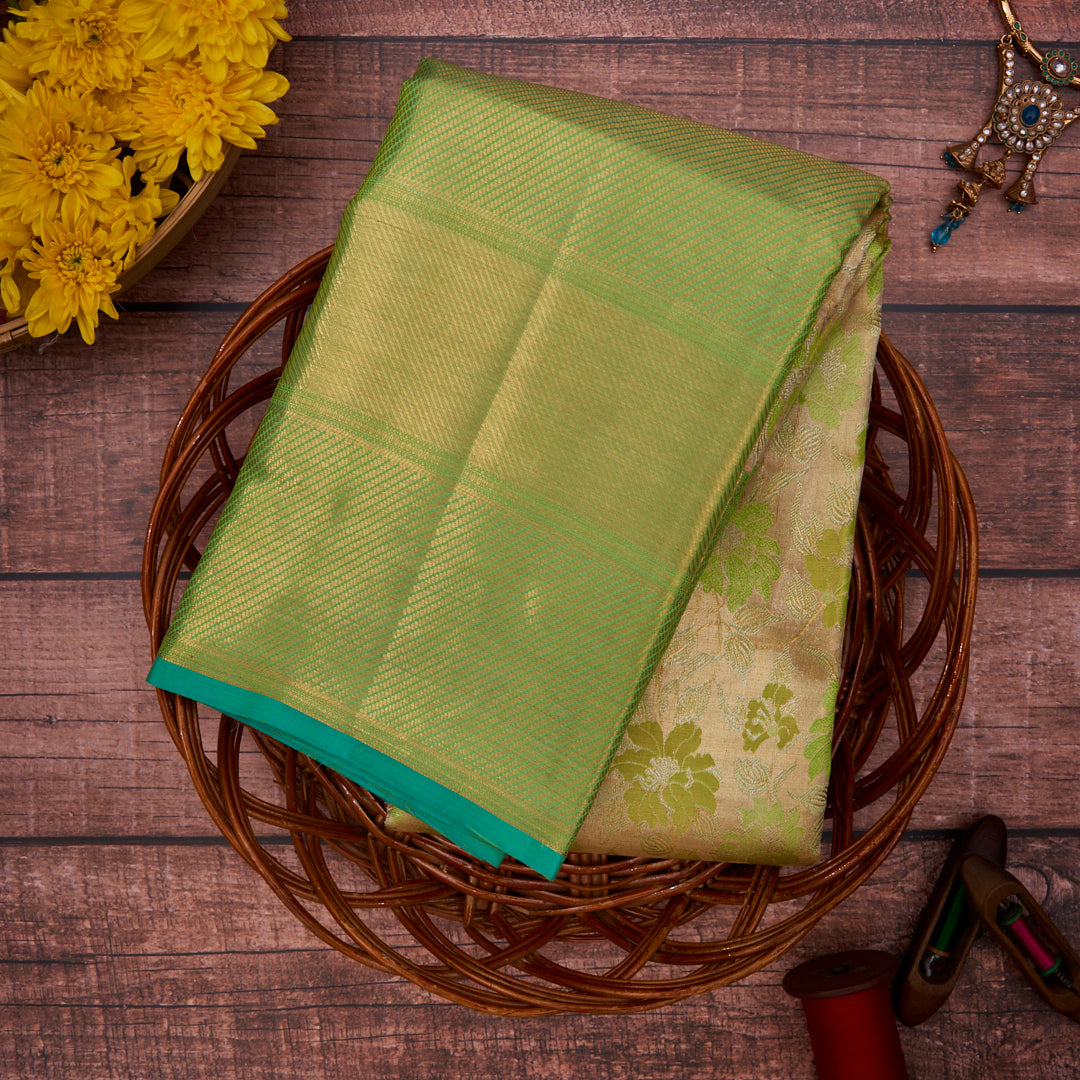 Creamish Gold with Green Border Kanchivaram Silk Saree