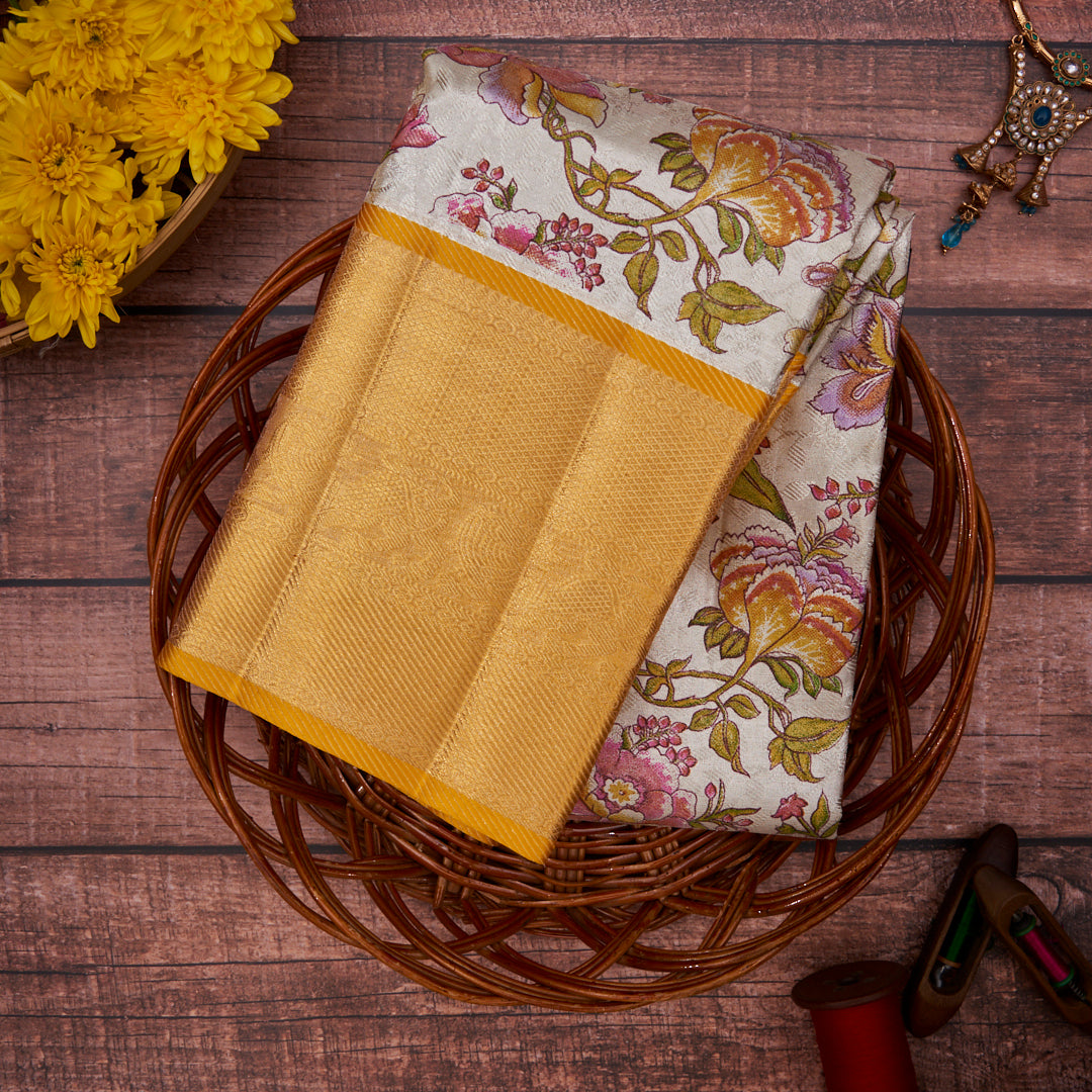 Silver with Yellow Border Tissue Kanchivaram Silk Saree