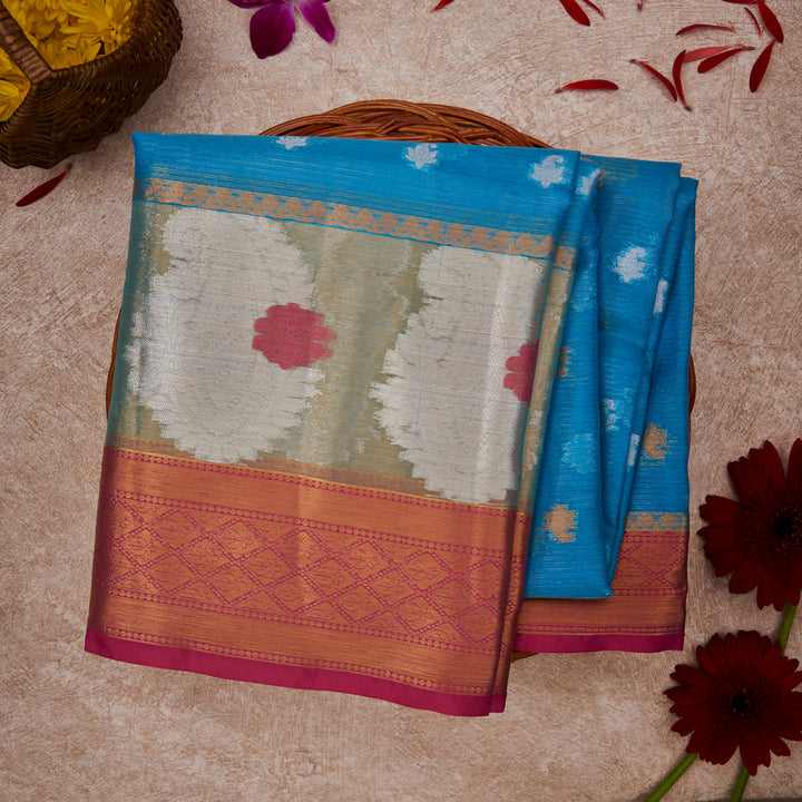 Kuberan Blue With Red Border Cotton Saree