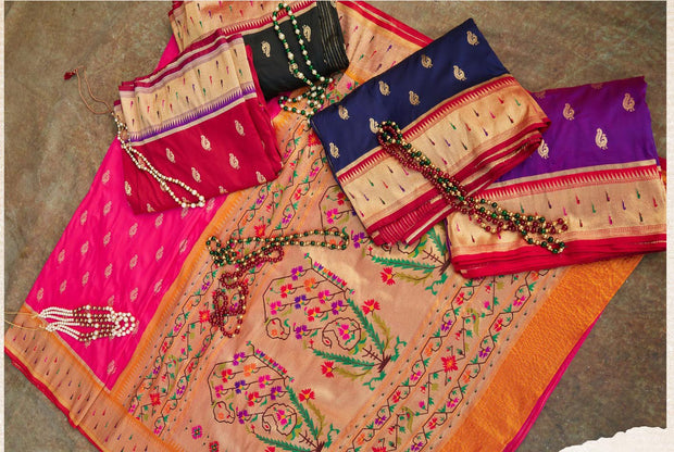 Kuberan Pink With Orange Border Paithani Silk Saree