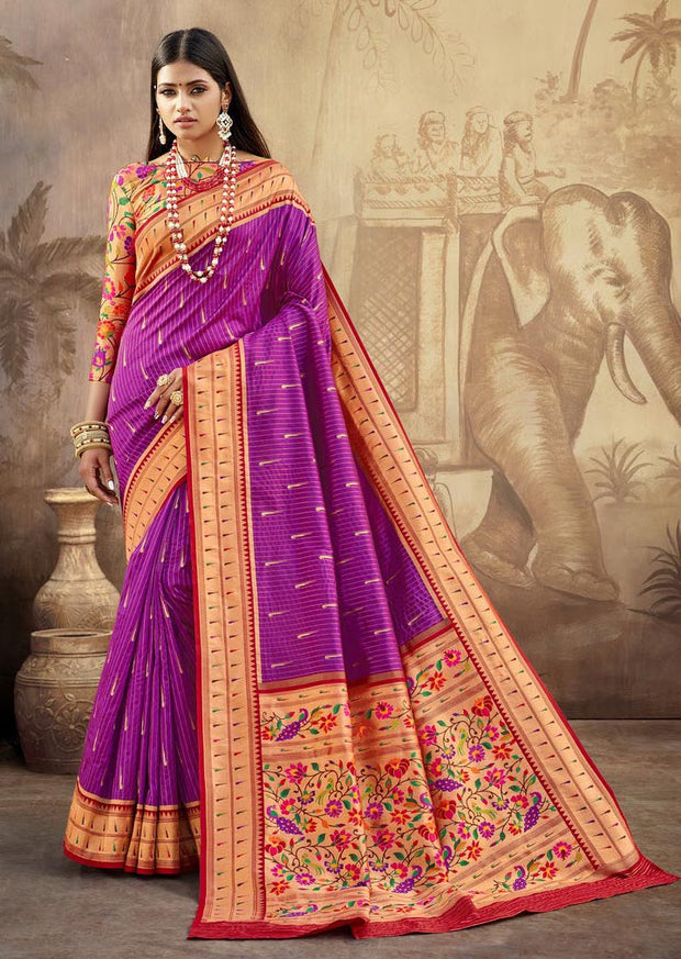 Kuberan Purple With Red Border Paithani Silk Saree