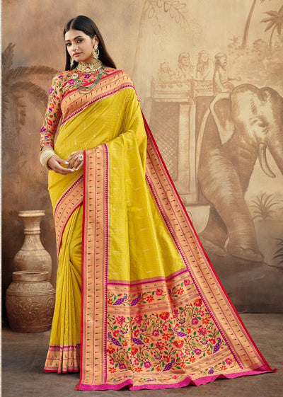 Kuberan Yellow With Pink Border Paithani Silk Saree