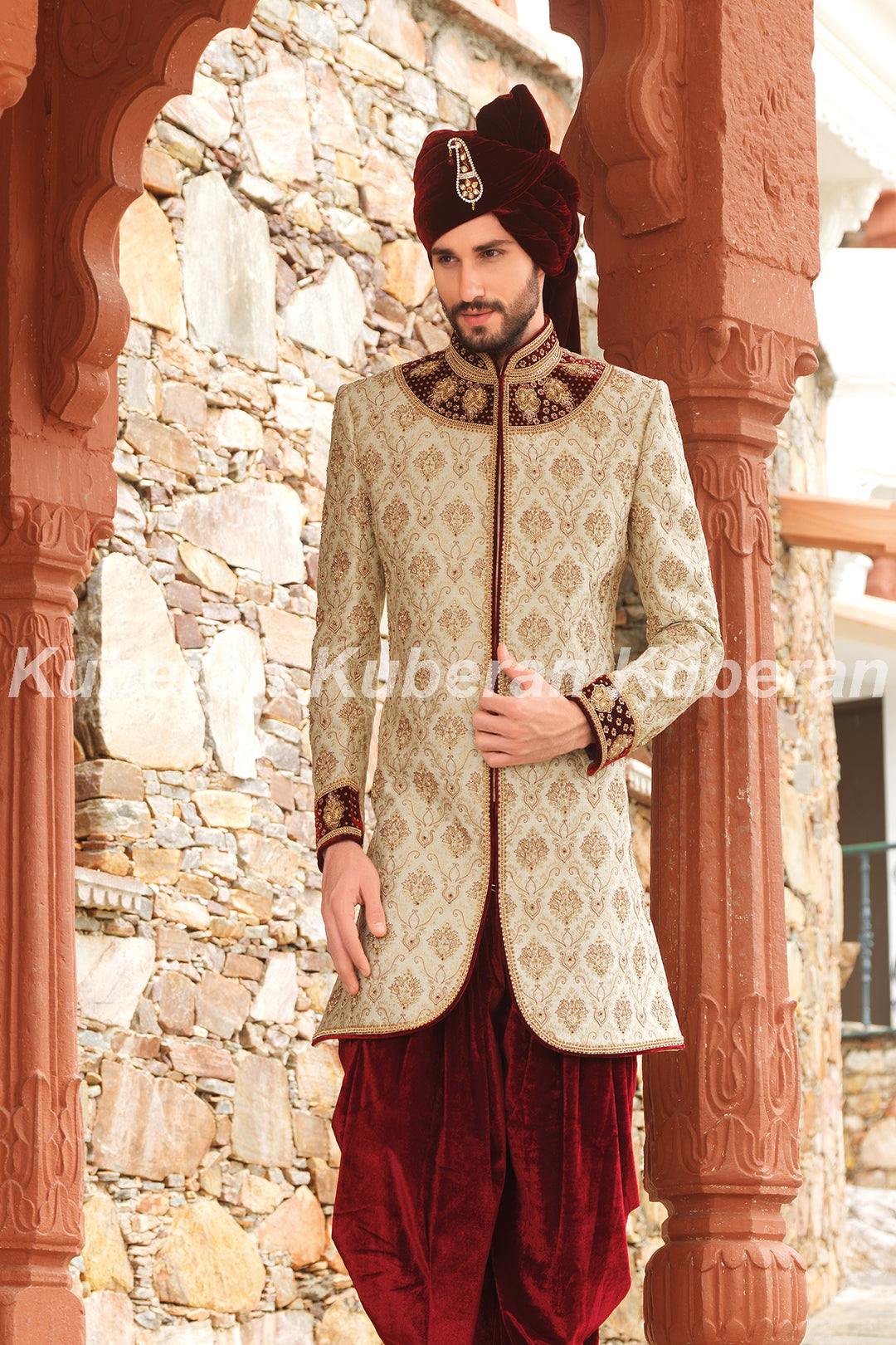 Kuberan Off White Maroon Sherwani