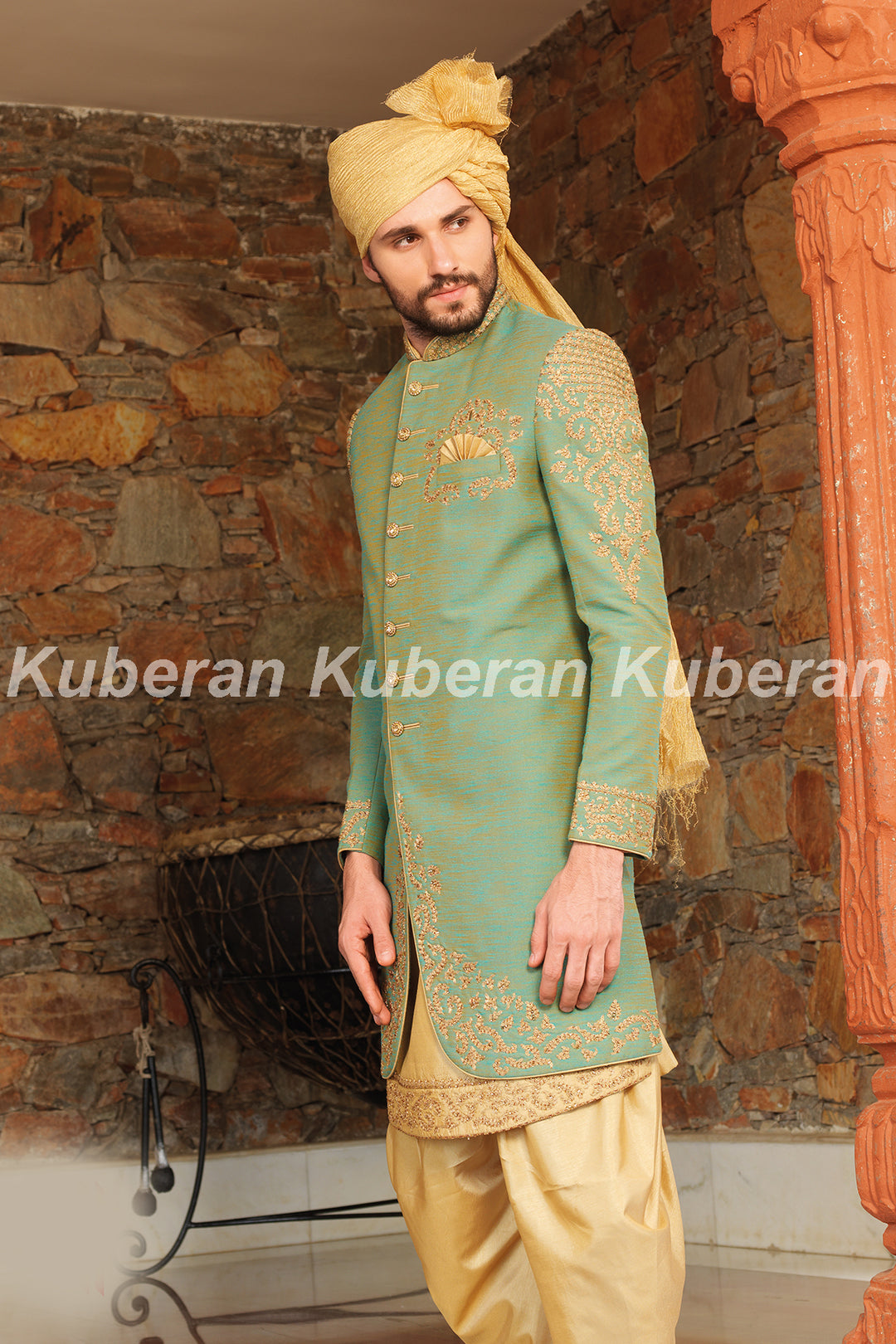 Kuberan Green Cream Sherwani