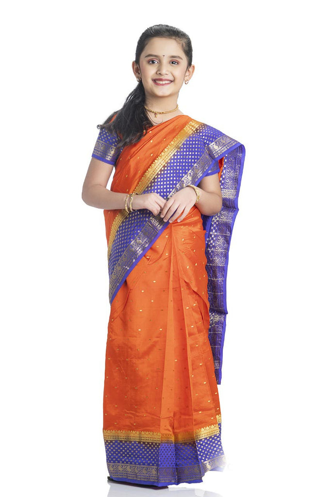 Lycra Shining Peach Kids Readymade Saree at Rs 2195/piece in Mumbai | ID:  23740718255