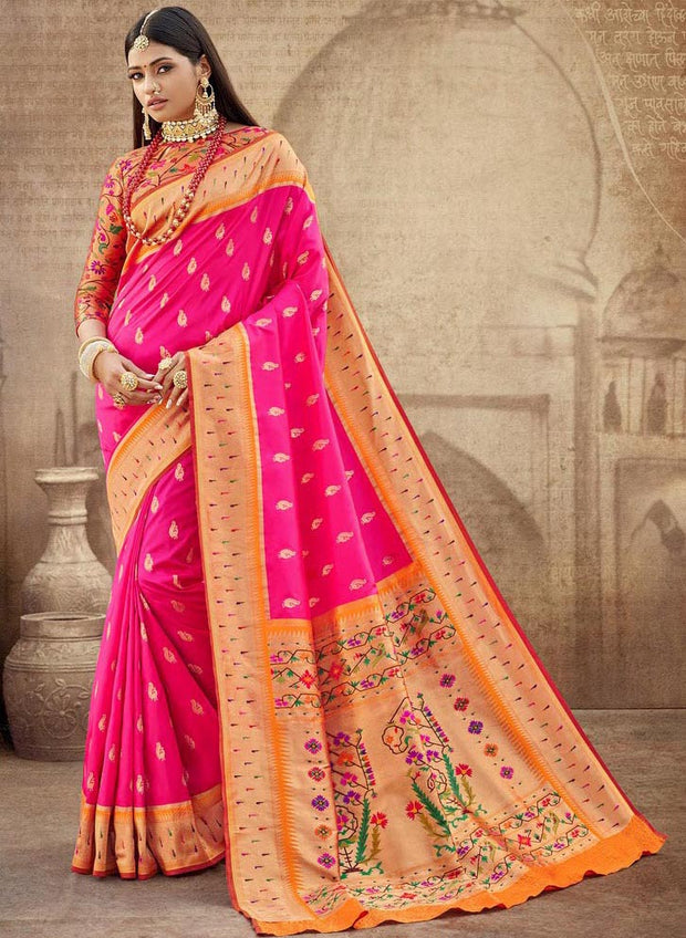Kuberan Pink With Orange Border Paithani Silk Saree