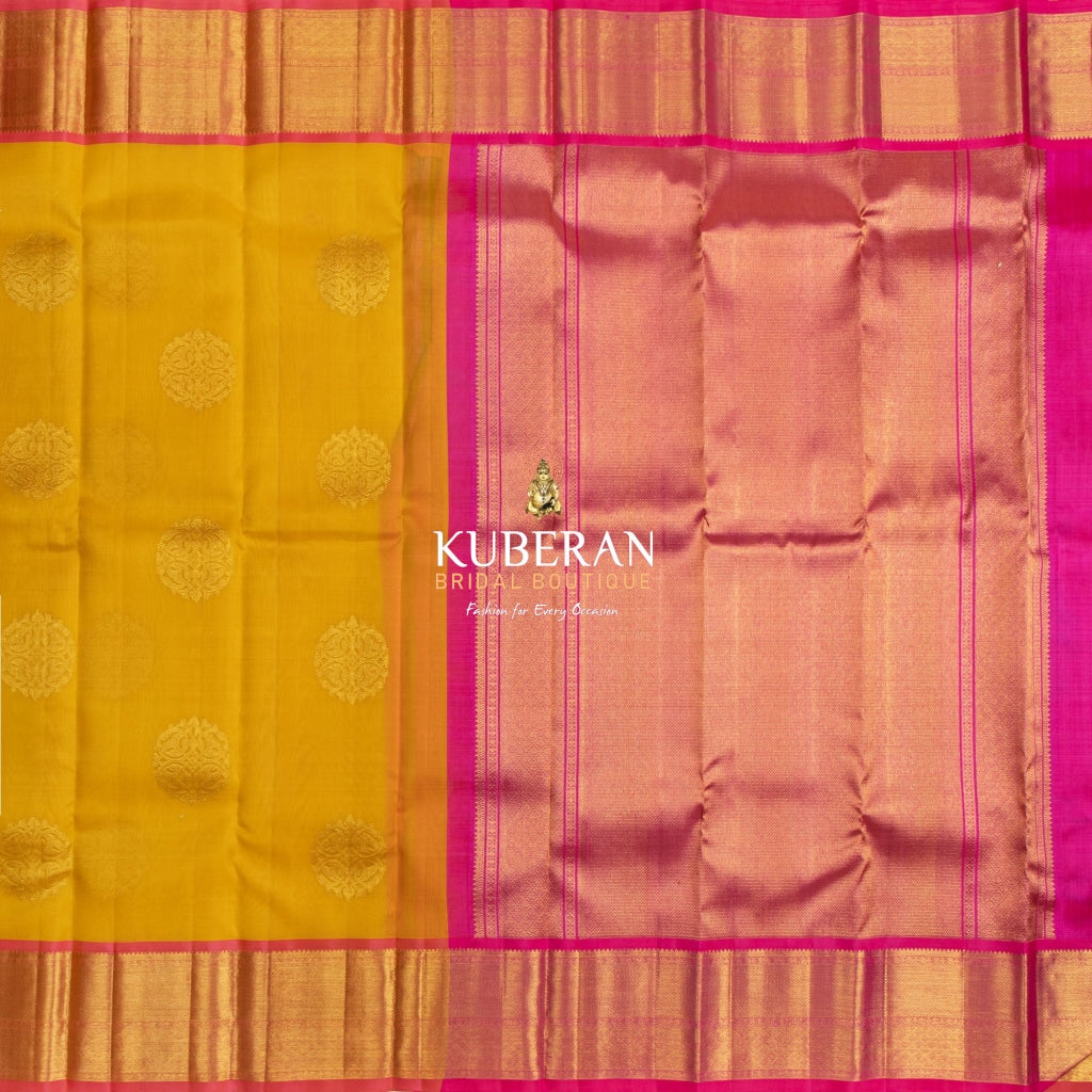 Yellow With Pink Border Organza Kanchipuram Silk Saree