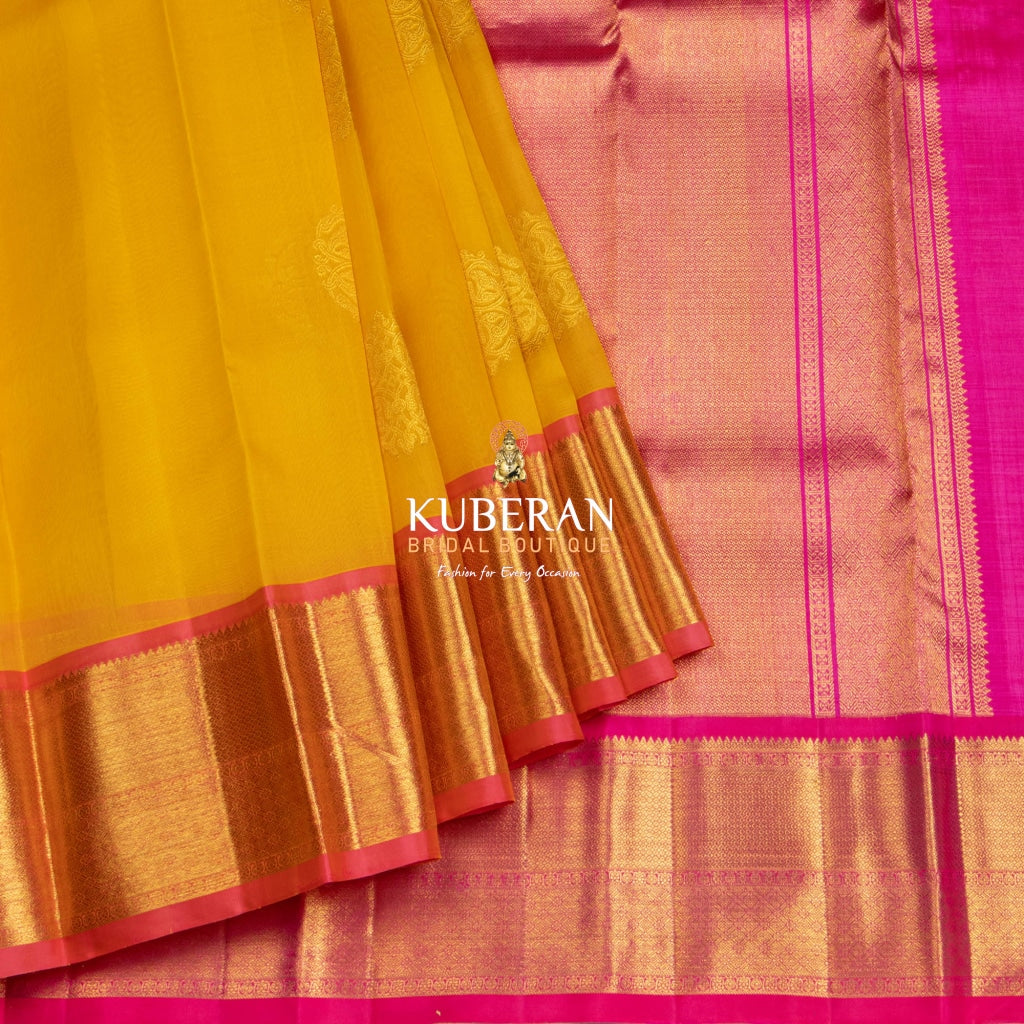 Yellow with Pink Border Organza Kanchipuram Silk Saree