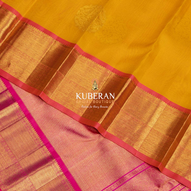 Kuberan Yellow With Pink Border Organza Kanchipuram Silk Saree